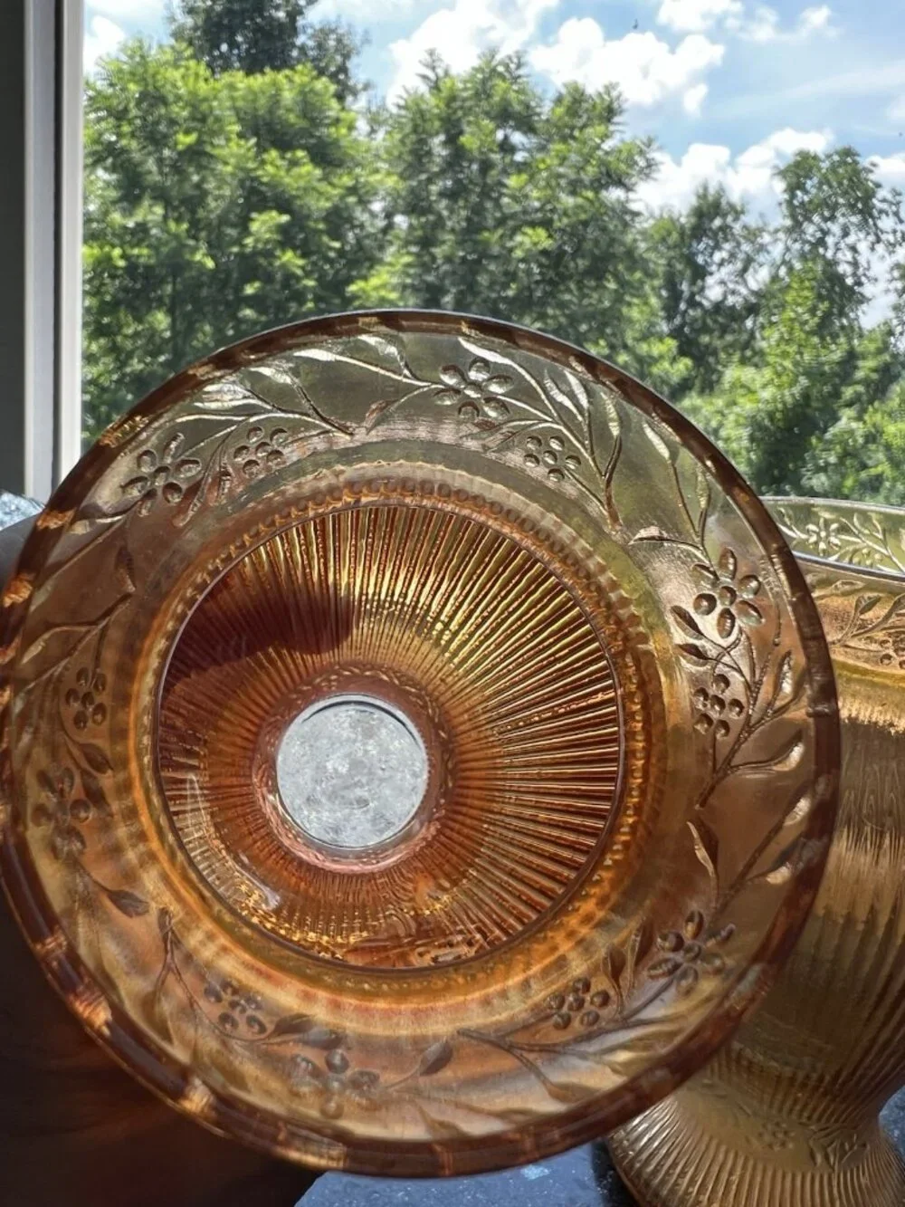 c1928 Pair/2 Jeanette Prism & Daisy Band Floral Ribbed Iridescent Glass 6